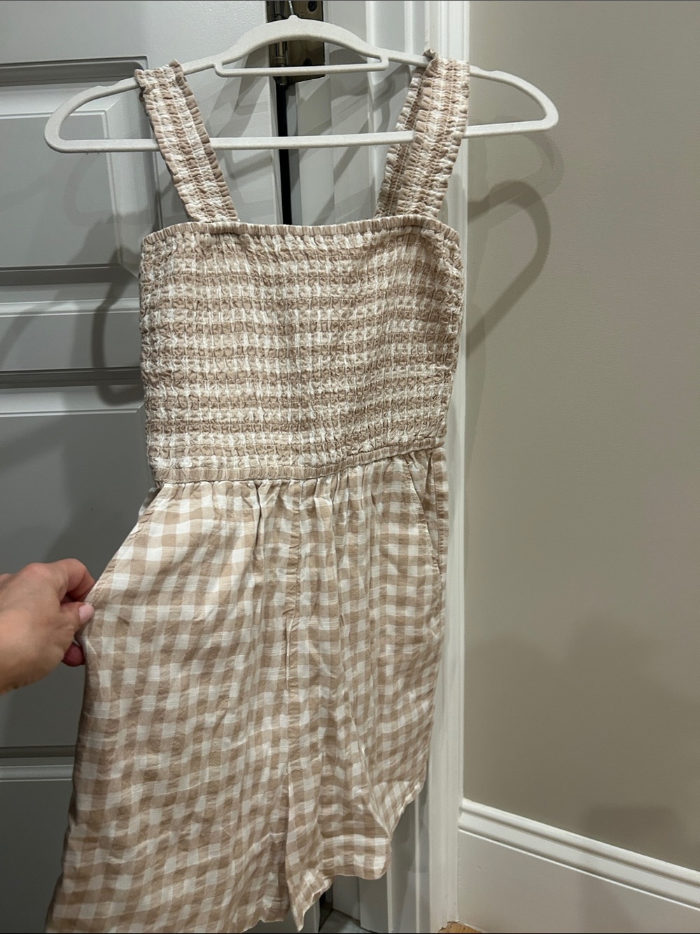 H&M Beige Gingham Smocked Romper- Women